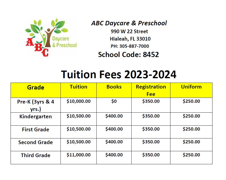 Tuition Fee 20232024 School Year ABC Day Care Preschool